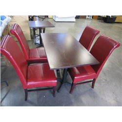 RESTAURANT TABLE WITH CAST IRON BASE, AND 4 RED LEATHER DINING CHAIRS