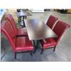 Image 1 : RESTAURANT TABLE WITH CAST IRON BASE, AND 4 RED LEATHER DINING CHAIRS