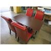 Image 2 : RESTAURANT TABLE WITH CAST IRON BASE, AND 4 RED LEATHER DINING CHAIRS