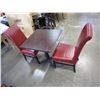 Image 2 : RESTAURANT TABLE WITH CAST IRON BASE AND 2 RED LEATHER DINING CHAIRS