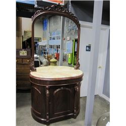 ANTIQUE MARBLE TOP CARVED ENTRANCE CABINET WITH CARVED TALL MIRROR