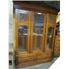 Image 1 : LATRGE ANTIQUE CARVED CABINET WITH 3 BEVELLED GLASS DOORS, AND 4 DRAWERS
