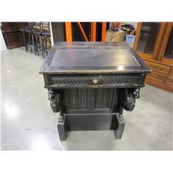 CARVED BLACK PODIUM WITH INSET LEATHER, FLIP TOP AND SIDE STORAGE