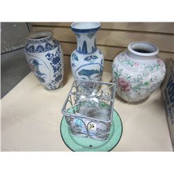 3 EASTERN VASES AND ENAMEL PLATE WITH METAL PRESENT BOX
