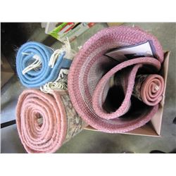 BOX OF CARPET RUNNERS, TABLE PROTECTOR, AND WOOL MATS NEW