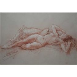 Original sanguine chalk drawing of a nude by French artist Yves Diey, 8" X 10 1/2"