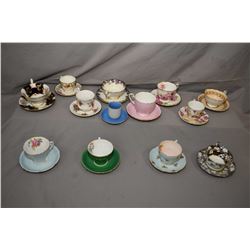 Ten china tea cups, saucers and three demitasses including Radford, Royal Albert, Royal Doulton, Roy