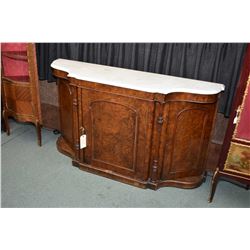 Victorian matched grain burl walnut, marble topped sideboard with three doors, turned and reeded sim