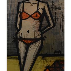 Framed coloured lithograph, labelled on verso "On the Beach, original lithograph" by artist Bernard 