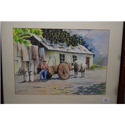 Framed original watercolour of an oxen cart with driver, signed by artist Afernandez '84, 10" X 14"