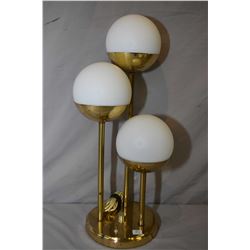 Mid 20th century three branch brass coloured and satin glass table lamp, 24" in height