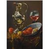 Image 1 : Framed oil on canvas still-life painting featuring wine and fruit signed by artist F. Domingo, 32" X