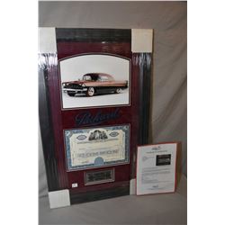 Framed original Studebaker-Packard Corporation stock certificate circa 1954 with framed coloured pri