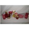 Image 1 : Tray lot of vintage cranberry glass including sugar caster, water glass, lidded spooner, candleholde