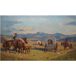 Framed oil on canvas painting of a pioneer wagon train signed by artist Theodoor Marie Schintz, 16" 