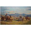 Image 1 : Framed oil on canvas painting of a pioneer wagon train signed by artist Theodoor Marie Schintz, 16" 