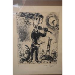 Framed limited edition lithograph of a violin player, pencil signed by artist Marc Chagall, 30/35, 1