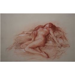 Original sanguine chalk drawing of a nude by French artist Yves Diey, 9 1/2  X 13 