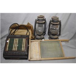 Selection of primitives including two Beacon barn lanterns, wood and glass washboard and a Felt & Ta