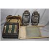 Image 1 : Selection of primitives including two Beacon barn lanterns, wood and glass washboard and a Felt & Ta