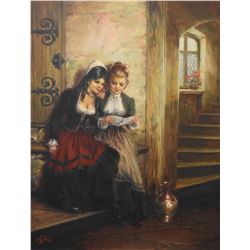 Framed original oil on canvas painting of two young ladies reading a letter signed by artist Willi d