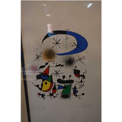 Framed limited edition coloured lithograph pencil signed by artist Joan Miro, 24  X 16 