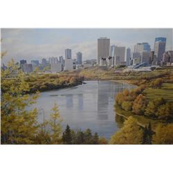 Framed limited edition print of Edmonton riverside cityscape by artist Isabelle Levesque, 139/700