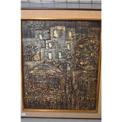 Framed bas relief copper toned abstract fair ground scene, 24" X 20"