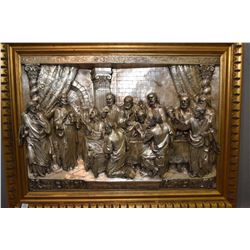 Gilt framed 3 dimensional metal sculpture depicting the last supper, overall dimensions 28  X 37 