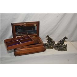 Antique Georgian mahogany jewellery casket and a pair of heavy dog motif cast bookends