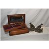 Image 1 : Antique Georgian mahogany jewellery casket and a pair of heavy dog motif cast bookends