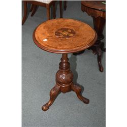 Antique center pedestal wine table with burl and inlaid top, note warpage to top