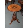 Image 1 : Antique center pedestal wine table with burl and inlaid top, note warpage to top