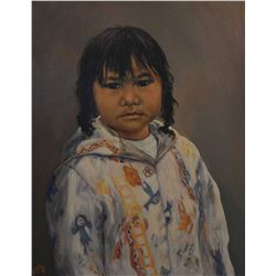 Framed oil on canvas portrait painting titled on verso "Katsiak, Arctic Bay" signed by Inuit Gabriel