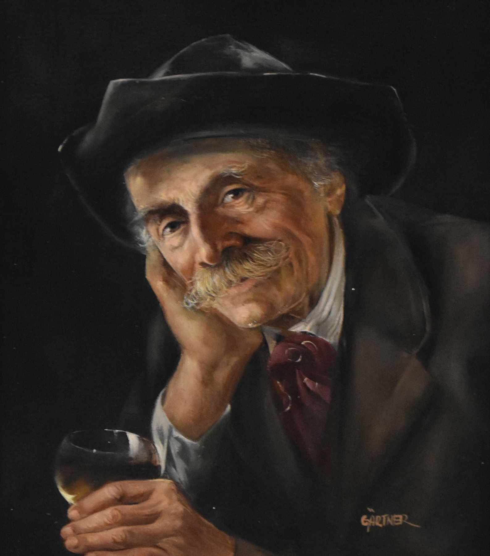 Gilt Framed Oil On Board Portrait Painting Of A Gentleman Drinking