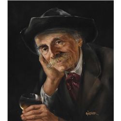 Gilt framed oil on board portrait painting of a gentleman drinking wine, signed by artist Gartner, 1