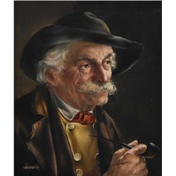 Gilt framed oil on board portrait painting of a gentleman smoking a pipe, signed by artist Gartner, 