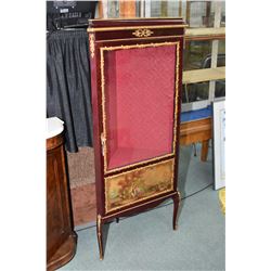 French style single door corner display cabinet with hand painted lower panel, attached decorative o