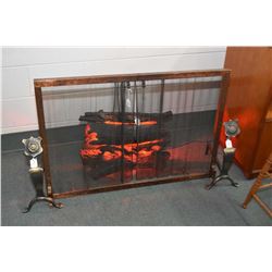 Vintage electric fireplace insert, fireplace screen and andirons