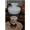 Image 1 : Electric banquet style milk glass table lamp with hand painted floral bowl