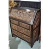 Image 1 : Oriental motif fall front bureau with four drawers in base, heavily carved full figural panels on fr