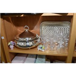 Shelf lot of collectibles including English made crystal stemware, silver-plate including water pitc