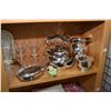 Image 2 : Shelf lot of collectibles including English made crystal stemware, silver-plate including water pitc