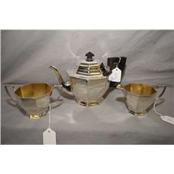 International sterling three piece Art deco tea set including tea pot, open cream and sugar with gol