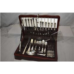 Wooden canteen containing six each of Birks Francis I sterling flatware including dinner knives, din