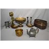 Image 1 : Two tray lots of metal ware including Nouveau style figure on a wooden base, pewter tea pot, double 