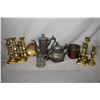 Image 1 : Large selection of vintage and antique metal ware including pewter tea pot and cocoa pot, brass cand