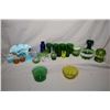 Image 1 : Two tray lots of vintage and antique glass including Vaseline, enamelled Kelly green, footed pitcher