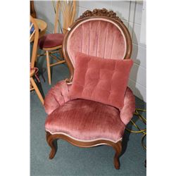 Two Victorian style channel back parlour chairs including his and hers with carved floral decoration