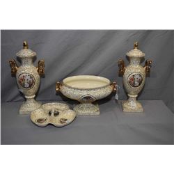 Empire England semi porcelain dresser bowl with lidded garnitures and a divided dish, all with gold 